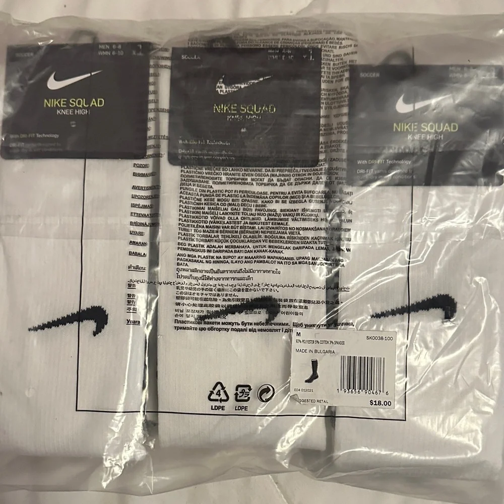 Nike Squad White Knee High Socks w/Dri Fit Technology Men 6-8 Wmn 6-10 - 6 PAIRS
